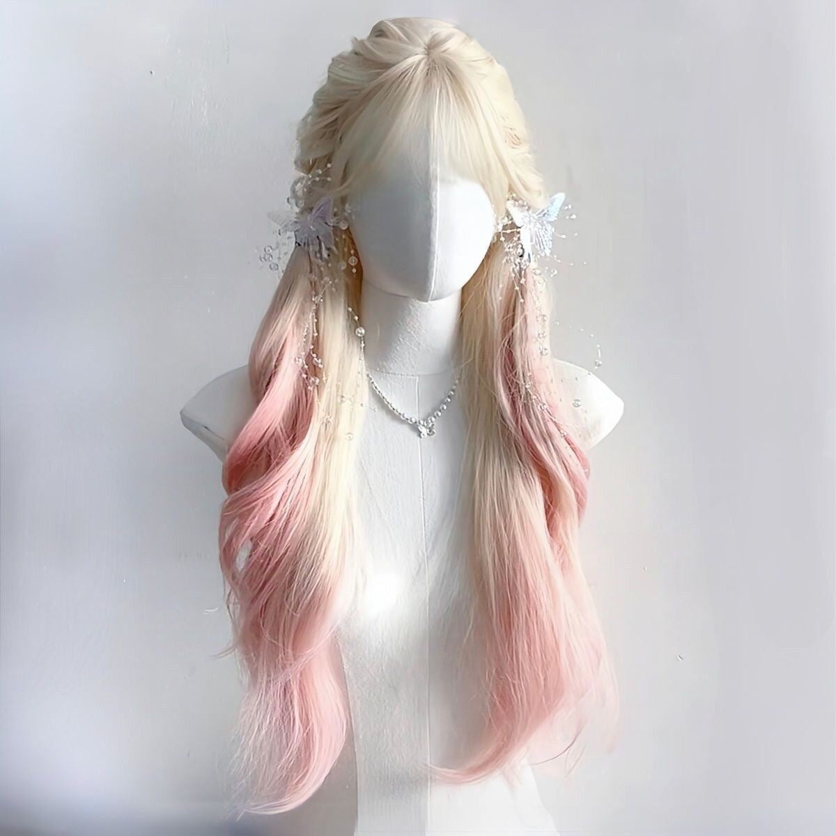 Platinum to Pink Ombre Long Curly Wig with Bangs | Natural-Looking Synthetic Full Wig for Women (Lolita Style)