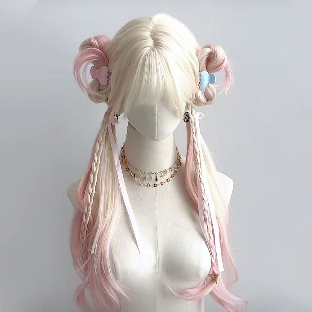 Platinum to Pink Ombre Long Curly Wig with Bangs | Natural-Looking Synthetic Full Wig for Women (Lolita Style)