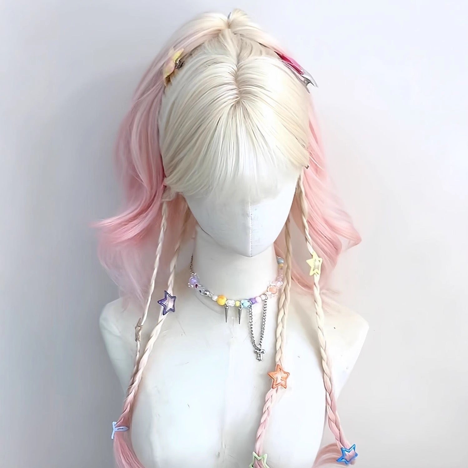 Platinum to Pink Ombre Long Curly Wig with Bangs | Natural-Looking Synthetic Full Wig for Women (Lolita Style)