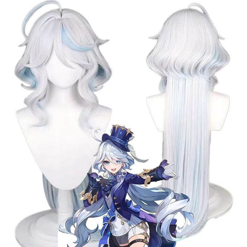 Genshin Impact Furina Cosplay Wig | White-Blue Highlighted Long Hair with Top Ahoge | Full Head Wig for Cosplayers