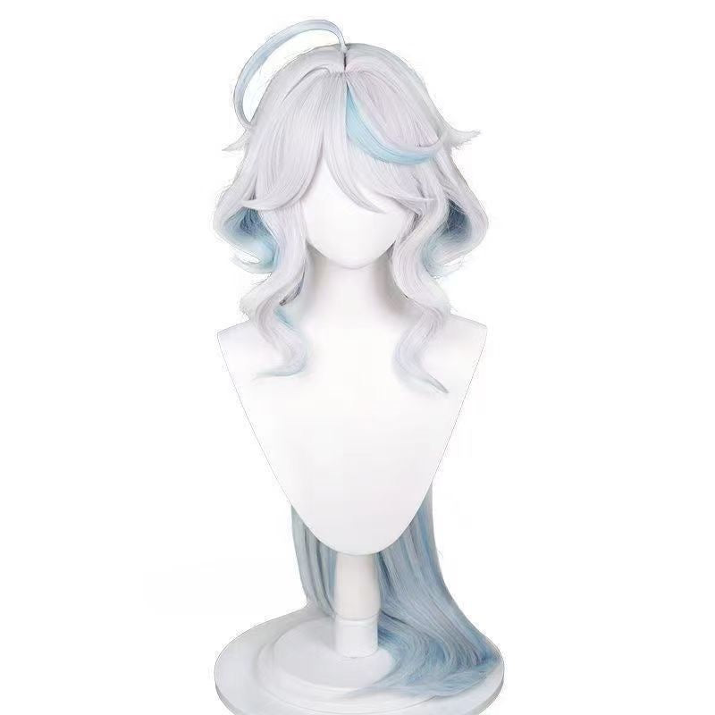 Genshin Impact Furina Cosplay Wig | White-Blue Highlighted Long Hair with Top Ahoge | Full Head Wig for Cosplayers