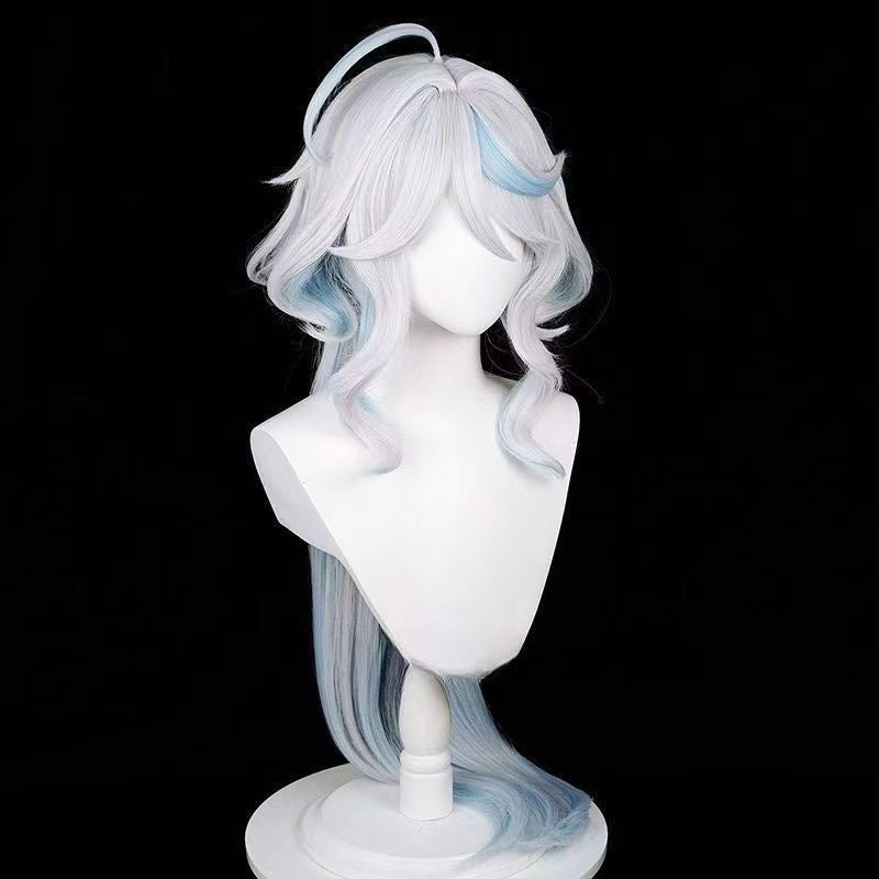 Genshin Impact Furina Cosplay Wig | White-Blue Highlighted Long Hair with Top Ahoge | Full Head Wig for Cosplayers
