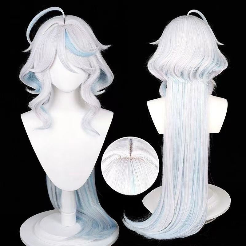 Genshin Impact Furina Cosplay Wig | White-Blue Highlighted Long Hair with Top Ahoge | Full Head Wig for Cosplayers