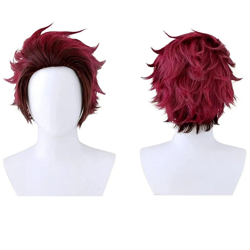 Demon Slayer Tanjiro Kamado Cosplay Wig | Red-Brown Ombre Short Spiky Back Hair | Full Head Wig