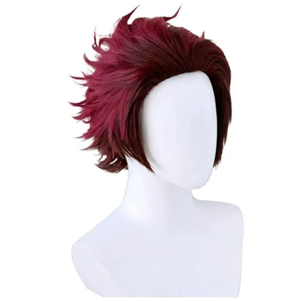 Demon Slayer Tanjiro Kamado Cosplay Wig | Red-Brown Ombre Short Spiky Back Hair | Full Head Wig