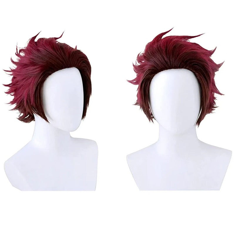 Demon Slayer Tanjiro Kamado Cosplay Wig | Red-Brown Ombre Short Spiky Back Hair | Full Head Wig