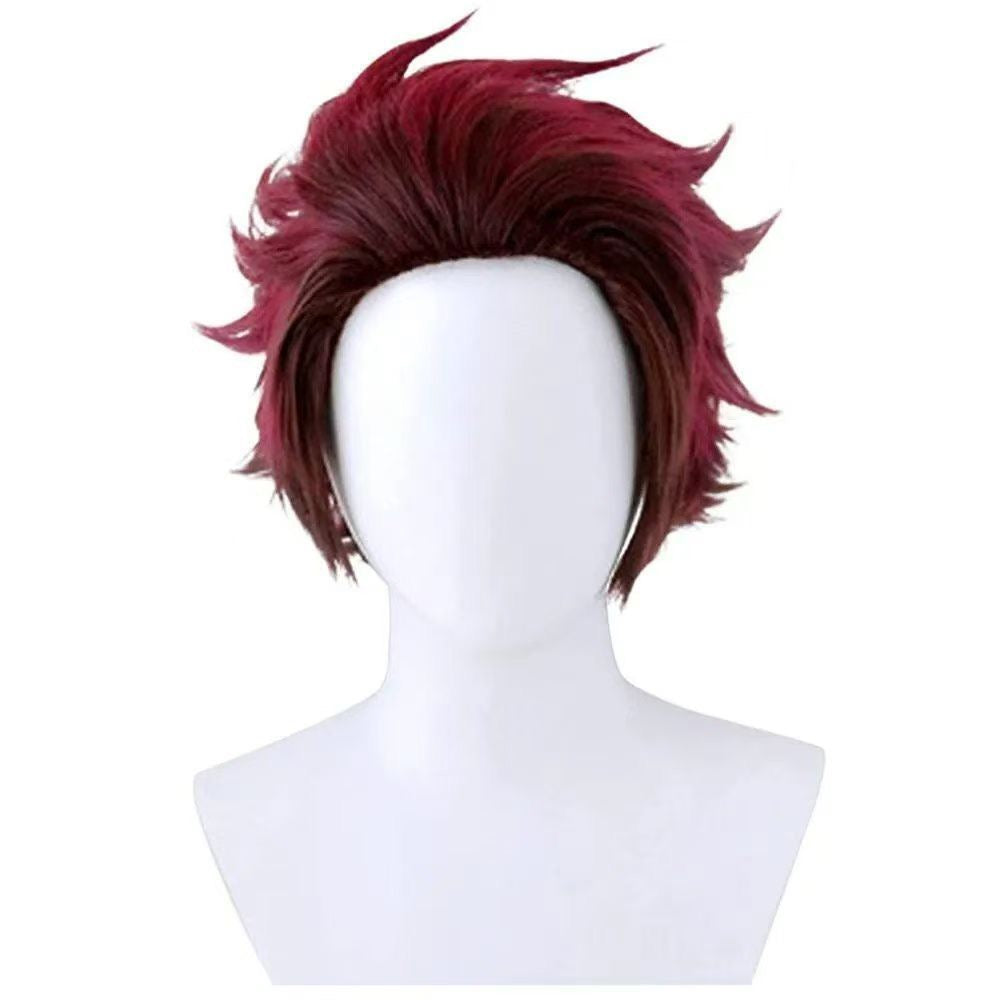 Demon Slayer Tanjiro Kamado Cosplay Wig | Red-Brown Ombre Short Spiky Back Hair | Full Head Wig