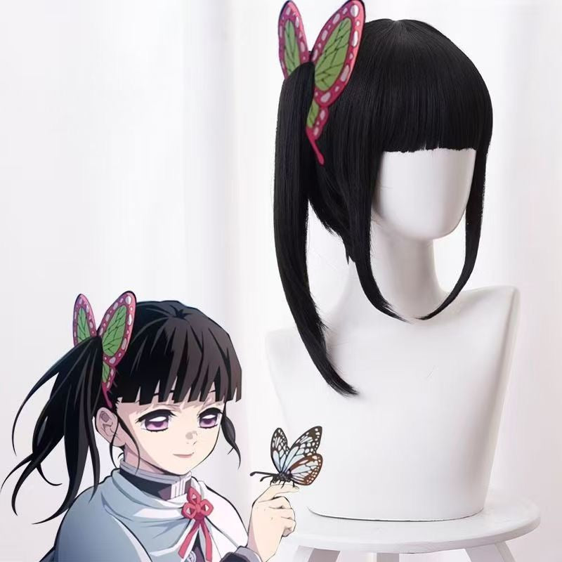 Demon Slayer Kanao Tsuyuri Cosplay Wig | Black Bob Wig with Detachable Tiger Clip Ponytail | Full Head Wig