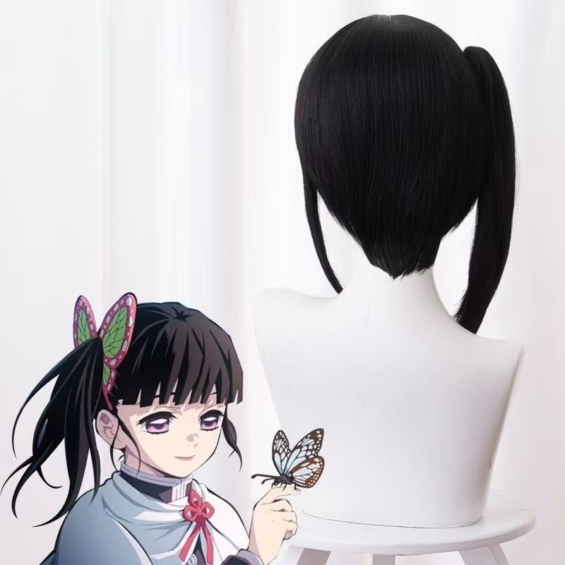 Demon Slayer Kanao Tsuyuri Cosplay Wig | Black Bob Wig with Detachable Tiger Clip Ponytail | Full Head Wig