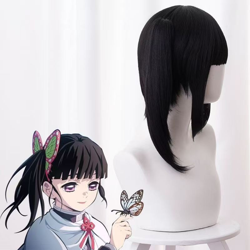 Demon Slayer Kanao Tsuyuri Cosplay Wig | Black Bob Wig with Detachable Tiger Clip Ponytail | Full Head Wig