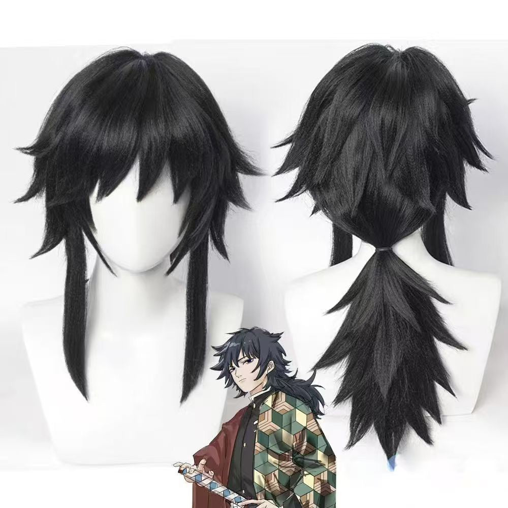 Demon Slayer Giyu Tomioka Cosplay Wig | Thick Black Medium-Length Flip-Up Fluffy Stylable Full Wig