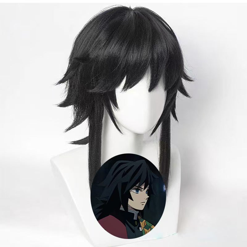Demon Slayer Giyu Tomioka Cosplay Wig | Thick Black Medium-Length Flip-Up Fluffy Stylable Full Wig