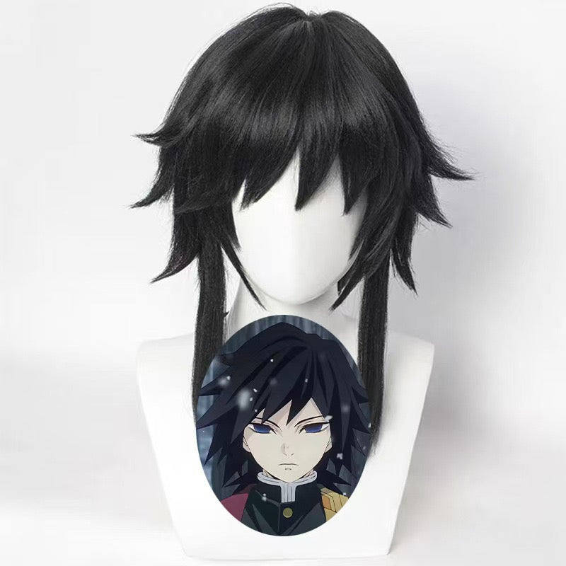 Demon Slayer Giyu Tomioka Cosplay Wig | Thick Black Medium-Length Flip-Up Fluffy Stylable Full Wig