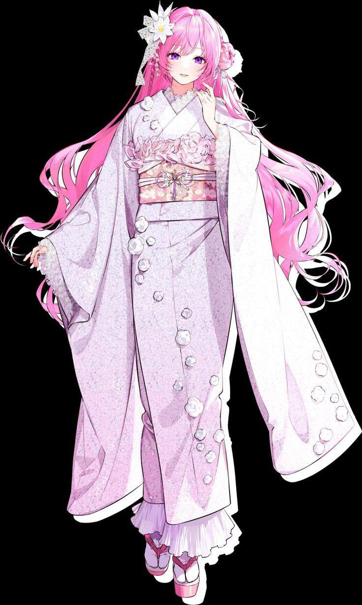 Custom Styled Pink Gradient Long Wavy Wig for Original Character Kimono Cosplay