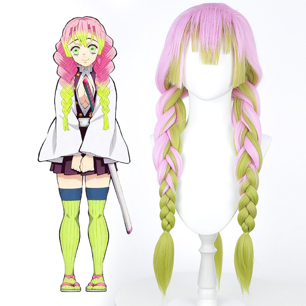 Mitsuri Kanroji Cosplay Wig - Demon Slayer Long Pink Green Gradient Wig with Braids for Anime Con Halloween