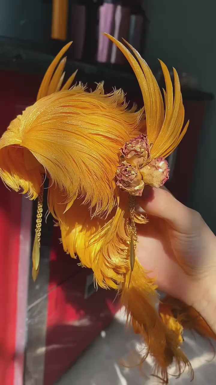 Custom Sun God Themed BJD Wig with Orange Feathers & Dried Rose Decor for Ball Jointed Dolls